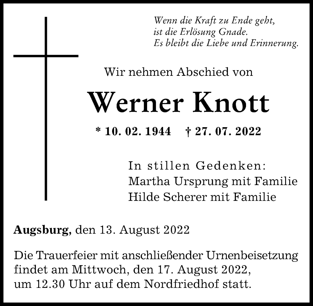 Traueranzeige von Werner Knott von Augsburger Allgemeine
