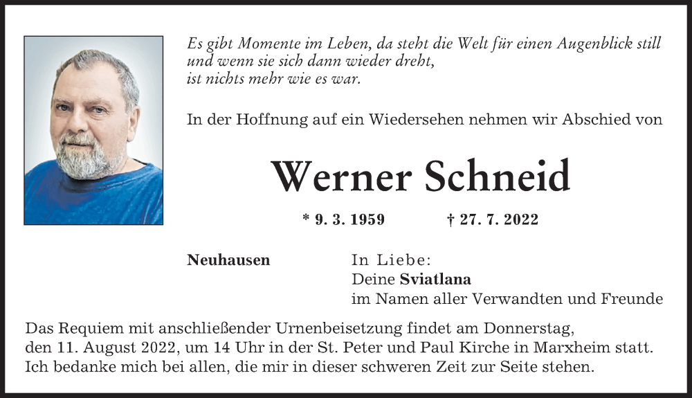 Traueranzeige von Werner Schneid von Donauwörther Zeitung