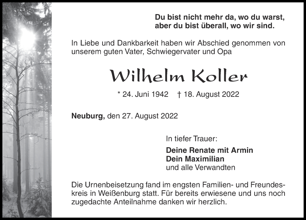 Traueranzeige von Wilhelm Koller von Neuburger Rundschau