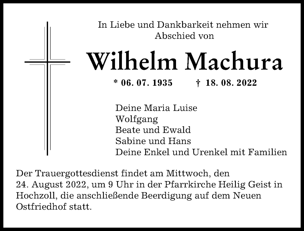 Traueranzeige von Wilhelm Machura von Augsburger Allgemeine