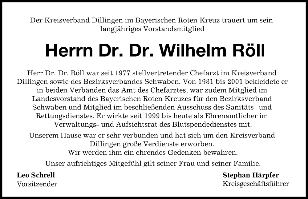 Traueranzeige von Wilhelm Röll von Donau Zeitung