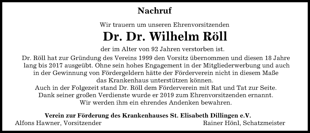 Traueranzeige von Wilhelm Röll von Donau Zeitung