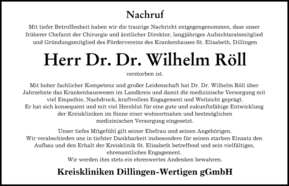 Traueranzeige von Wilhelm Röll von Donau Zeitung