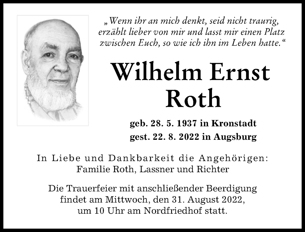 Traueranzeige von Wilhelm Ernst Roth von Augsburger Allgemeine