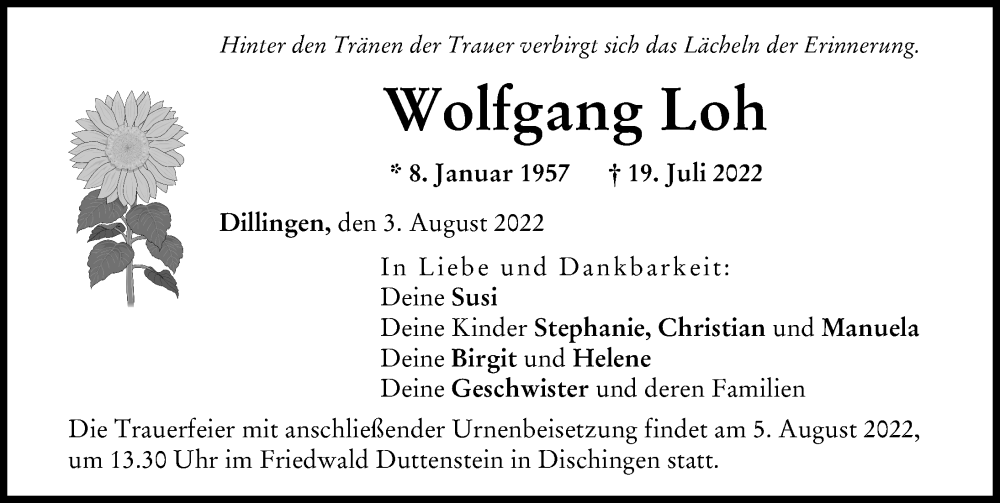 Traueranzeige von Wolfgang Loh von Donau Zeitung