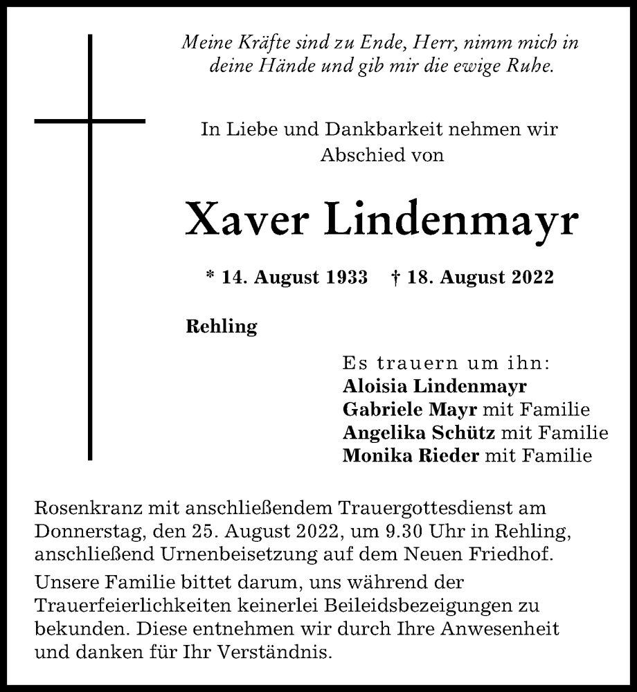 Traueranzeige von Xaver Lindenmayr von Aichacher Nachrichten