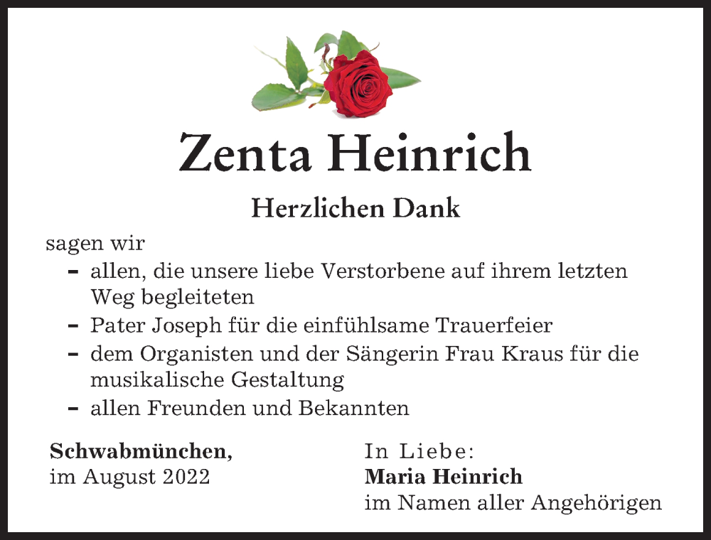 Traueranzeige von Zenta Heinrich von Schwabmünchner Allgemeine