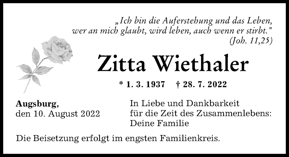 Traueranzeige von Zitta Wiethaler von Augsburger Allgemeine