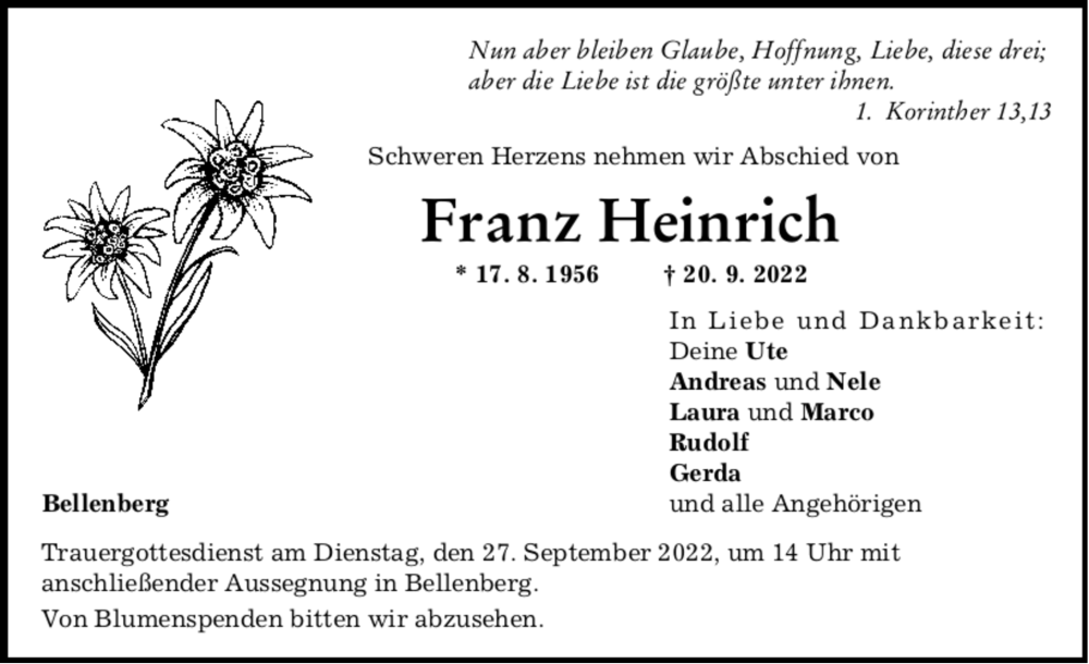  Traueranzeige für Franz  Heinrich vom 24.09.2022 aus Illertisser Zeitung