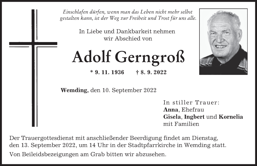 Traueranzeige von Adolf Gerngroß von Donauwörther Zeitung