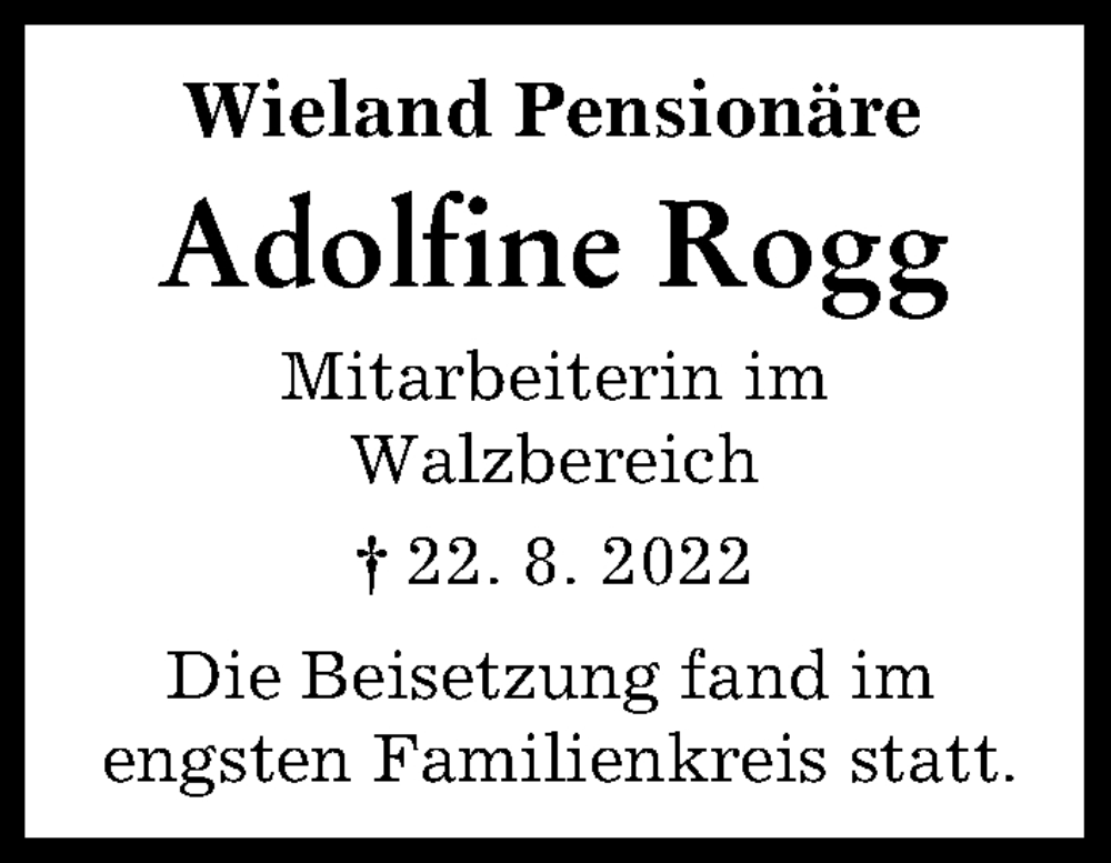 Traueranzeige von Adolfine Rogg von Illertisser Zeitung, Neu-Ulmer Zeitung