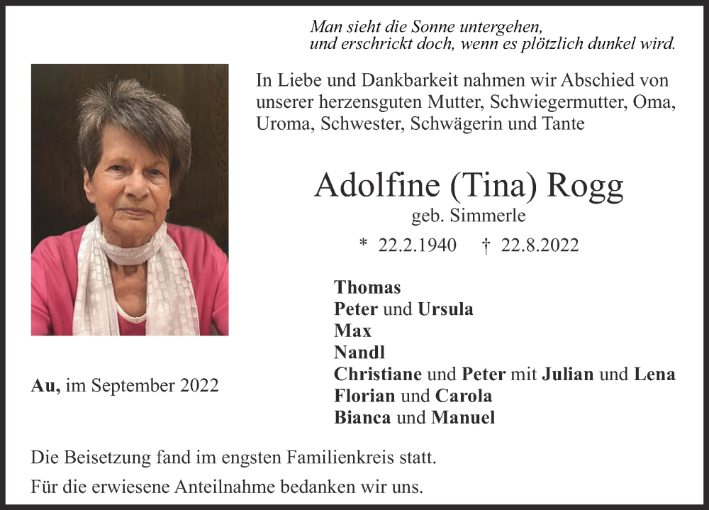 Traueranzeige von Adolfine Rogg von Illertisser Zeitung