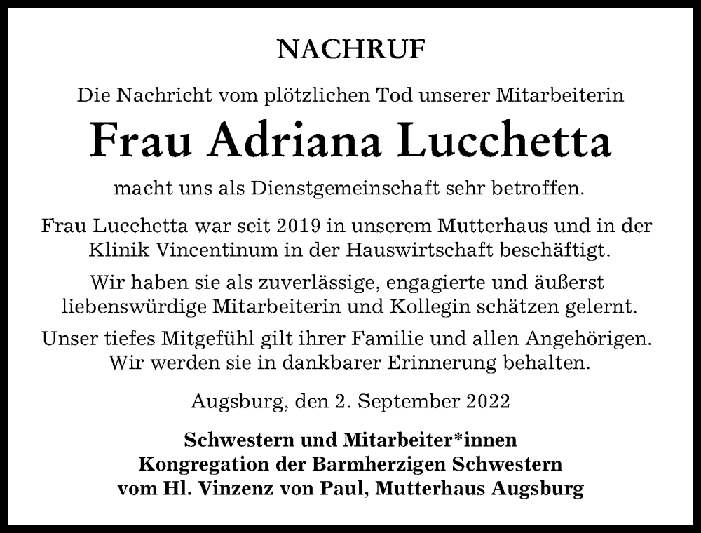  Traueranzeige für Adriana Lucchetta vom 02.09.2022 aus Augsburger Allgemeine