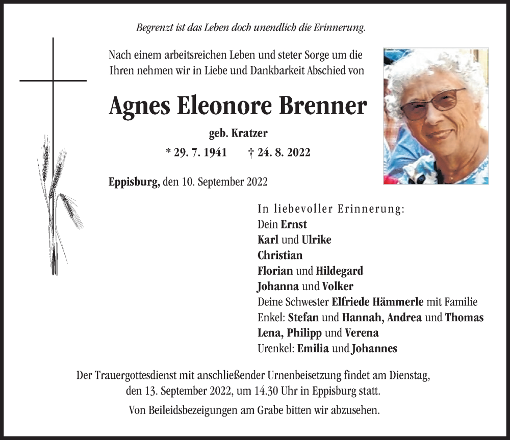 Traueranzeige von Agnes Eleonore Brenner von Donau Zeitung