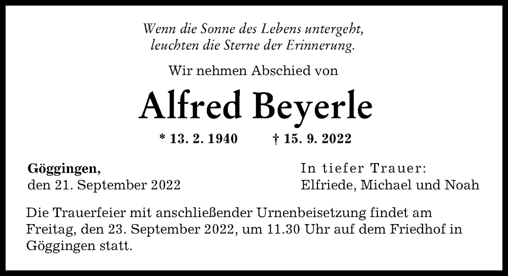  Traueranzeige für Alfred Beyerle vom 21.09.2022 aus Augsburger Allgemeine