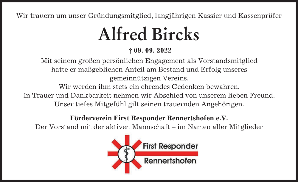  Traueranzeige für Alfred Bircks vom 13.09.2022 aus Donauwörther Zeitung, Neuburger Rundschau