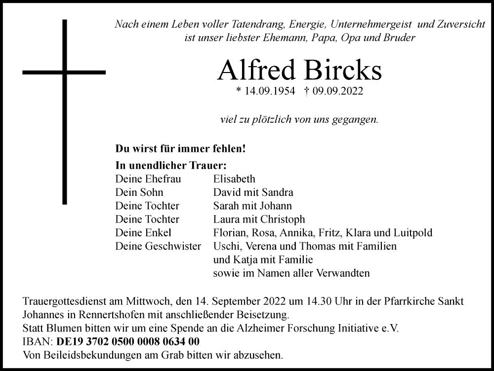  Traueranzeige für Alfred Bircks vom 13.09.2022 aus Neuburger Rundschau, Donauwörther Zeitung