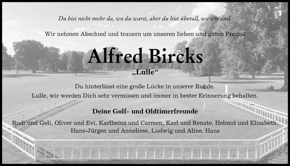  Traueranzeige für Alfred Bircks vom 15.09.2022 aus Neuburger Rundschau