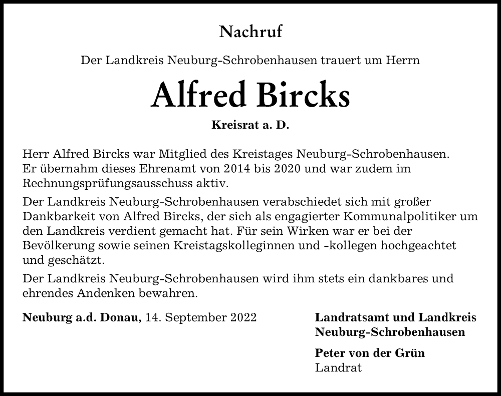  Traueranzeige für Alfred Bircks vom 14.09.2022 aus Neuburger Rundschau