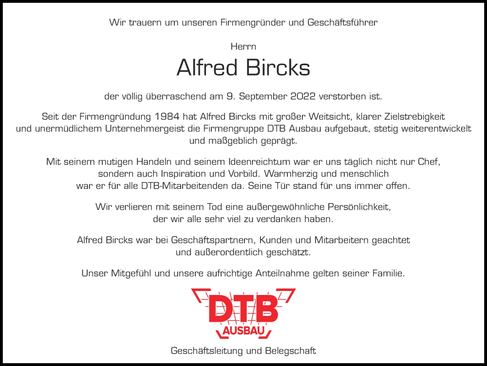  Traueranzeige für Alfred Bircks vom 14.09.2022 aus Donauwörther Zeitung, Neuburger Rundschau