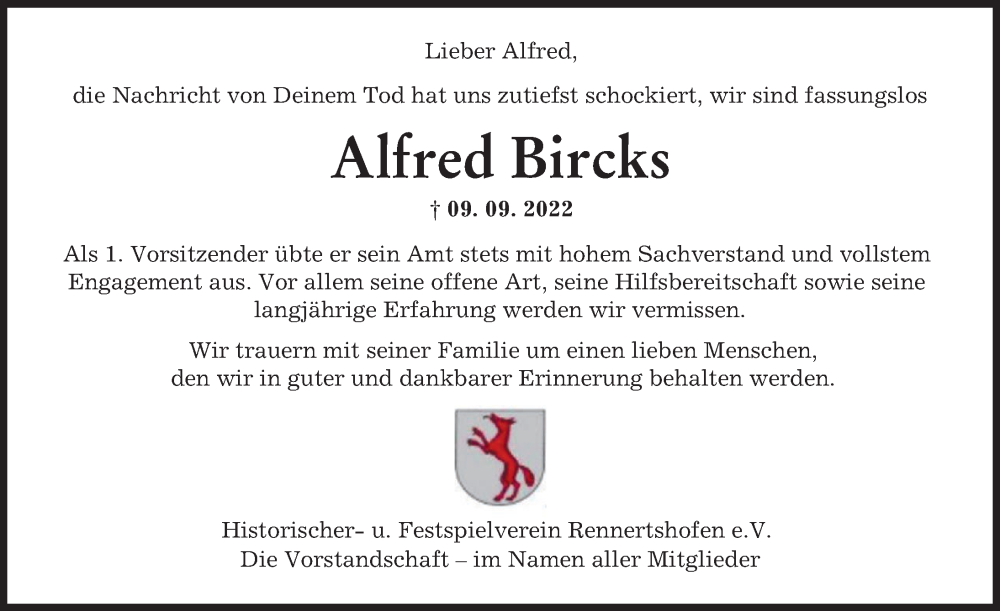  Traueranzeige für Alfred Bircks vom 13.09.2022 aus Neuburger Rundschau