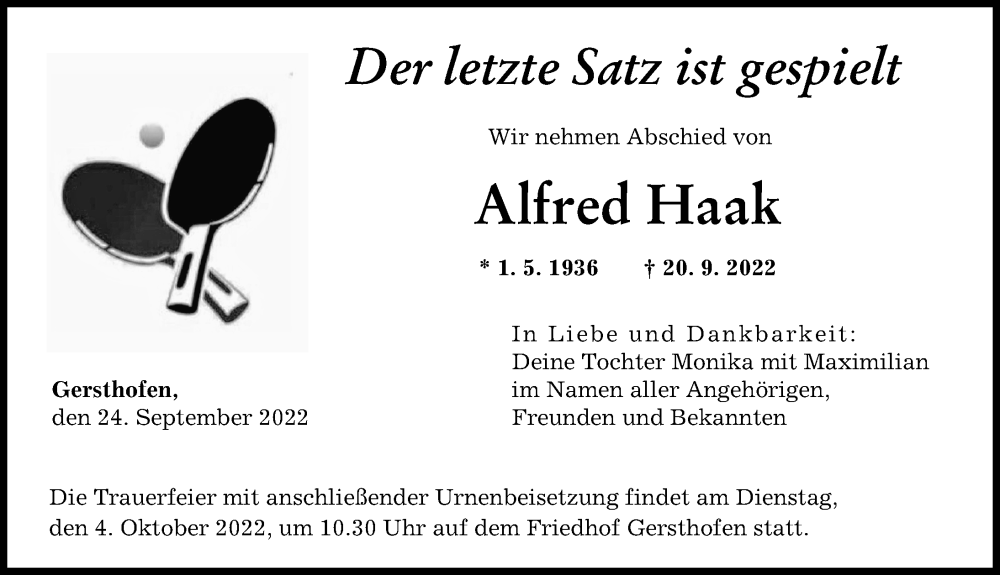  Traueranzeige für Alfred Haak vom 24.09.2022 aus Augsburger Allgemeine
