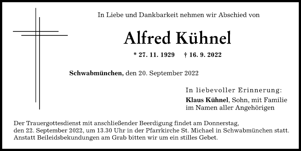 Traueranzeige von Alfred Kühnel von Schwabmünchner Allgemeine