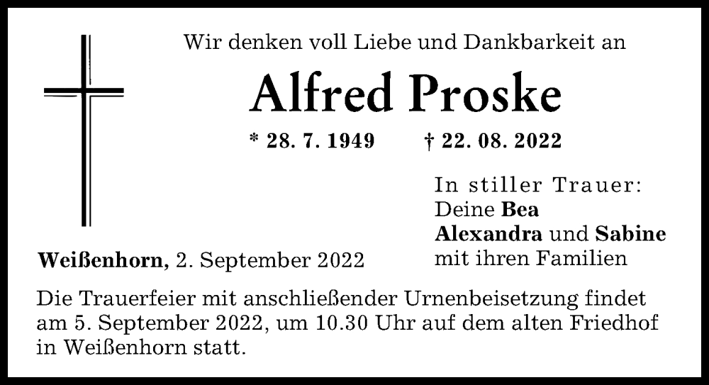 Traueranzeige von Alfred Proske von Neu-Ulmer Zeitung