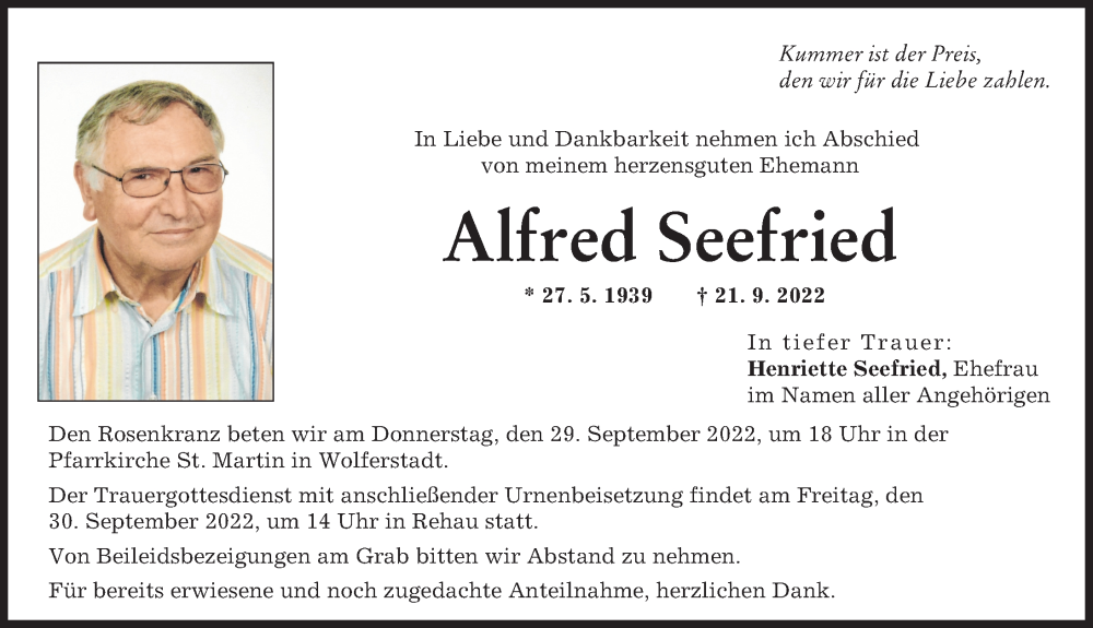  Traueranzeige für Alfred Seefried vom 27.09.2022 aus Donauwörther Zeitung