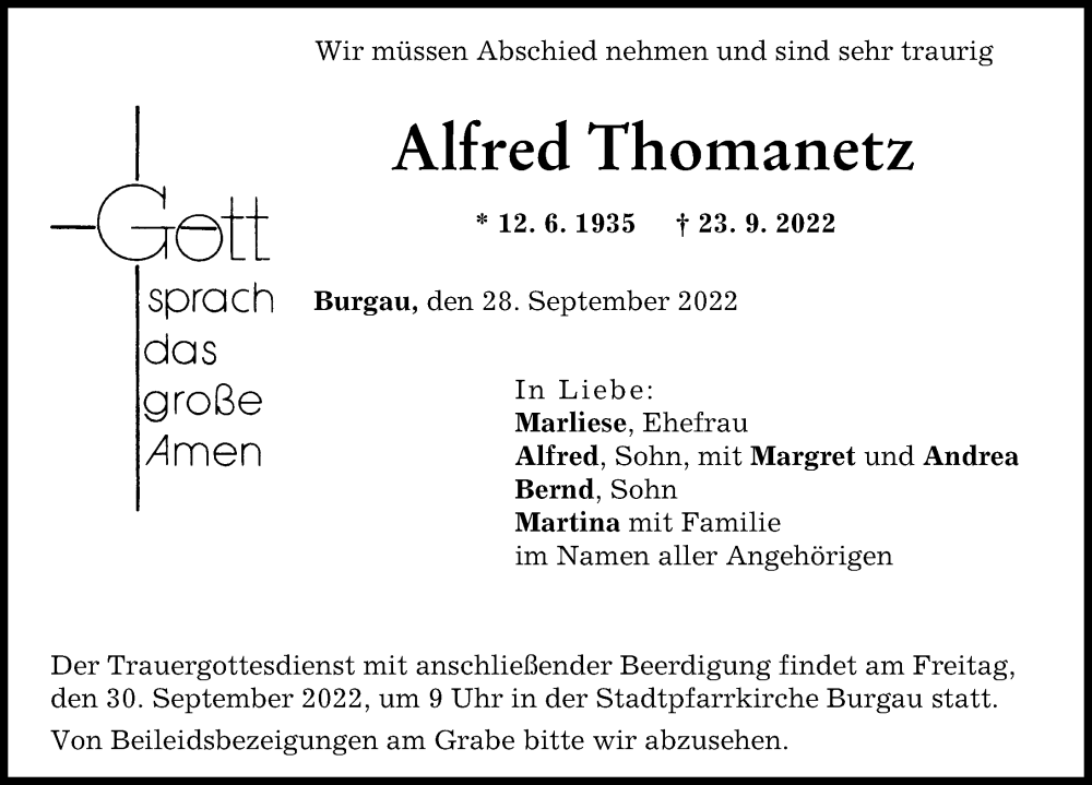 Traueranzeige von Alfred Thomanetz von Günzburger Zeitung