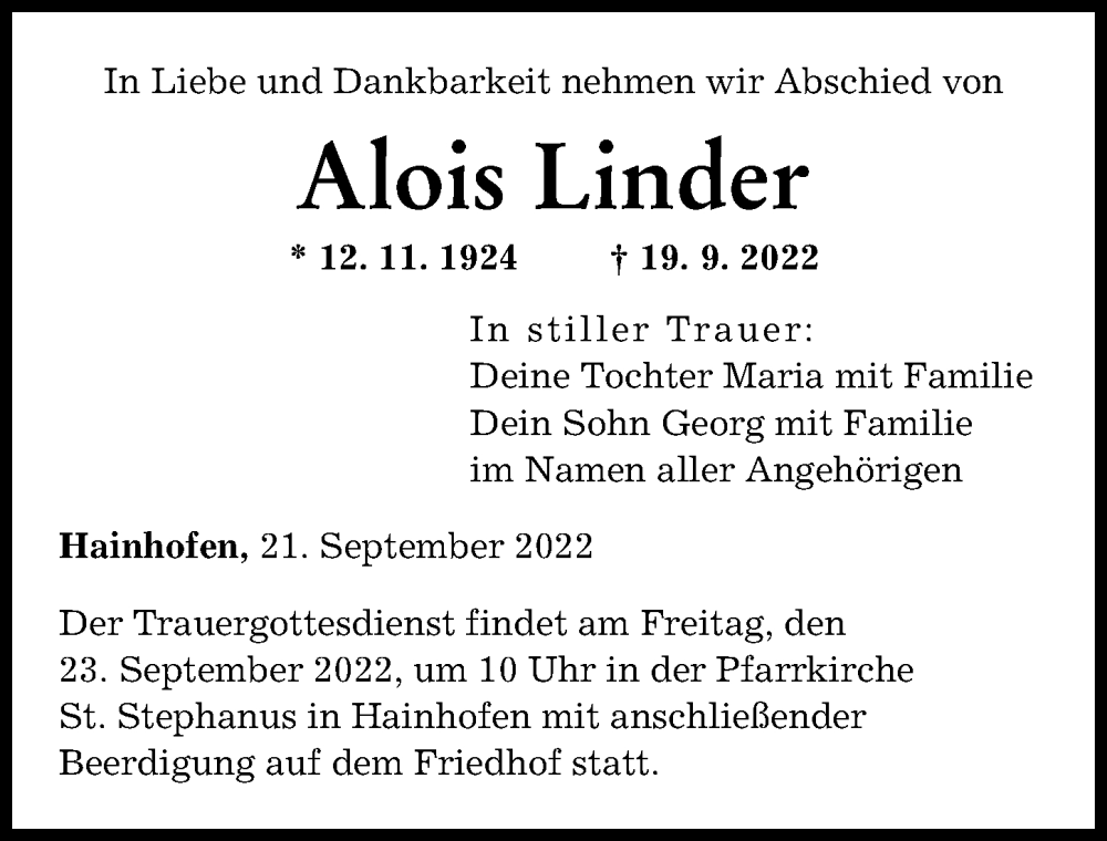  Traueranzeige für Alois Linder vom 21.09.2022 aus Augsburger Allgemeine
