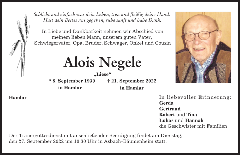  Traueranzeige für Alois Negele vom 23.09.2022 aus Donauwörther Zeitung