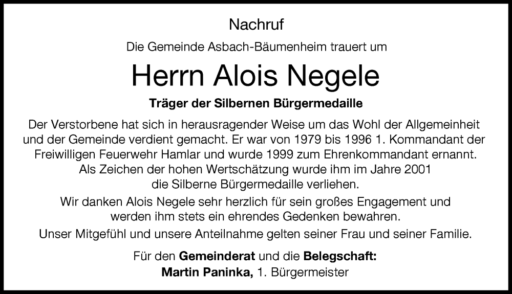  Traueranzeige für Alois Negele vom 26.09.2022 aus Donauwörther Zeitung