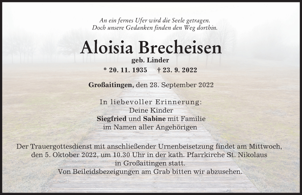  Traueranzeige für Aloisia Brecheisen vom 28.09.2022 aus Schwabmünchner Allgemeine