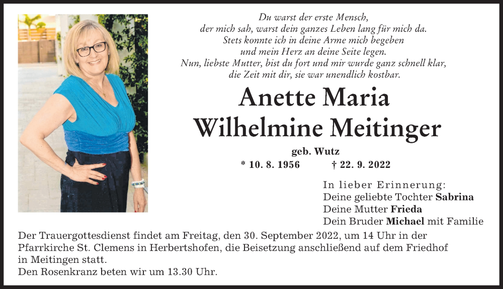  Traueranzeige für Anette Meitinger vom 28.09.2022 aus Augsburg-Land
