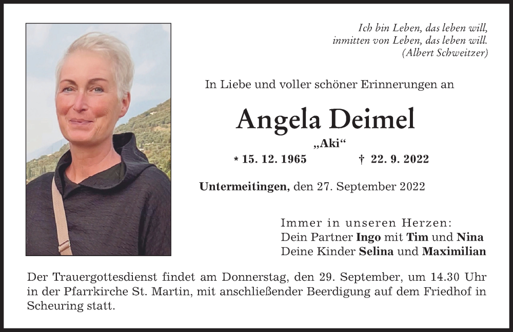  Traueranzeige für Angela Deimel vom 27.09.2022 aus Landsberger Tagblatt