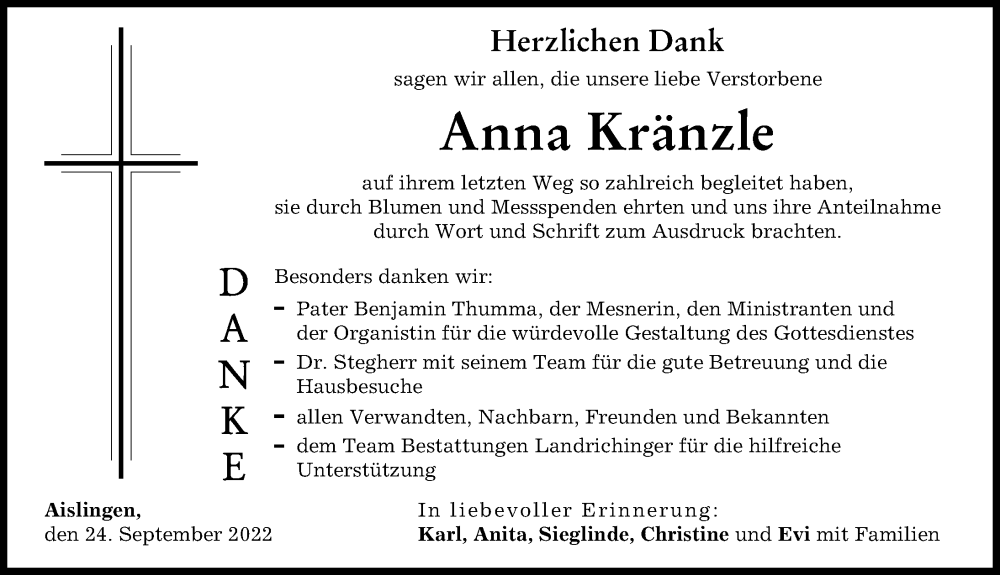 Traueranzeige von Anna Kränzle von Donau Zeitung