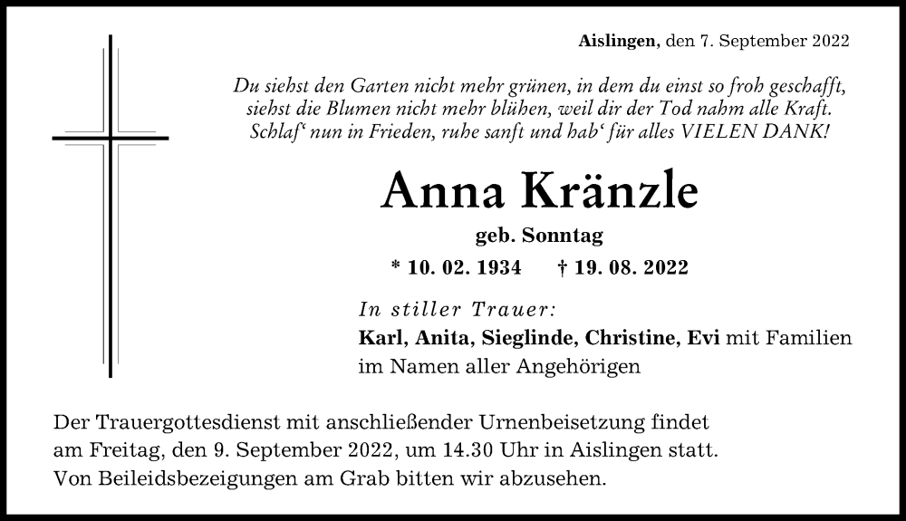 Traueranzeige von Anna Kränzle von Donau Zeitung