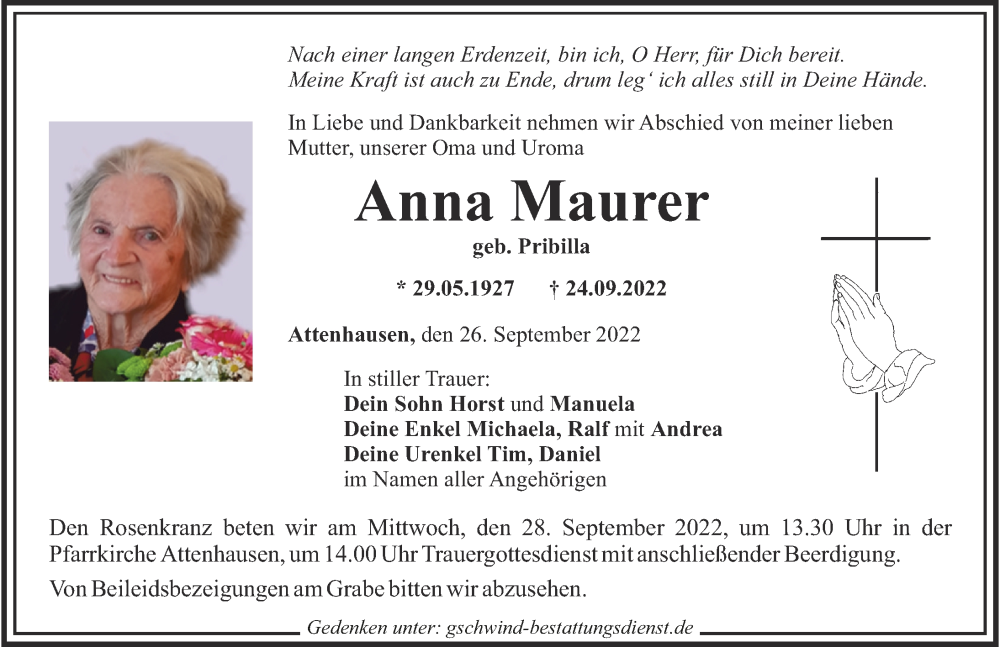 Traueranzeige von Anna Maurer von Mittelschwäbische Nachrichten