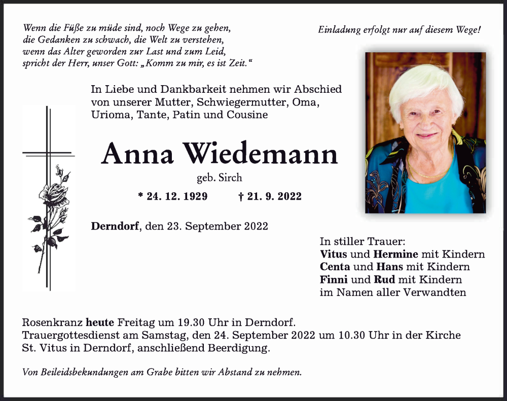  Traueranzeige für Anna Wiedemann vom 23.09.2022 aus Mindelheimer Zeitung