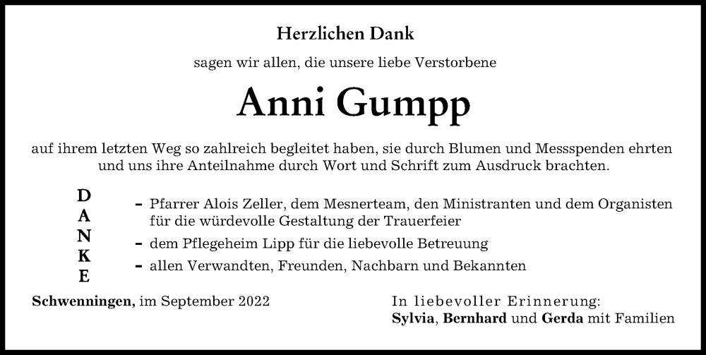 Traueranzeige von Anni Gumpp von Donau Zeitung