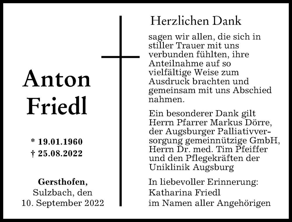 Traueranzeige von Anton Friedl von Augsburger Allgemeine