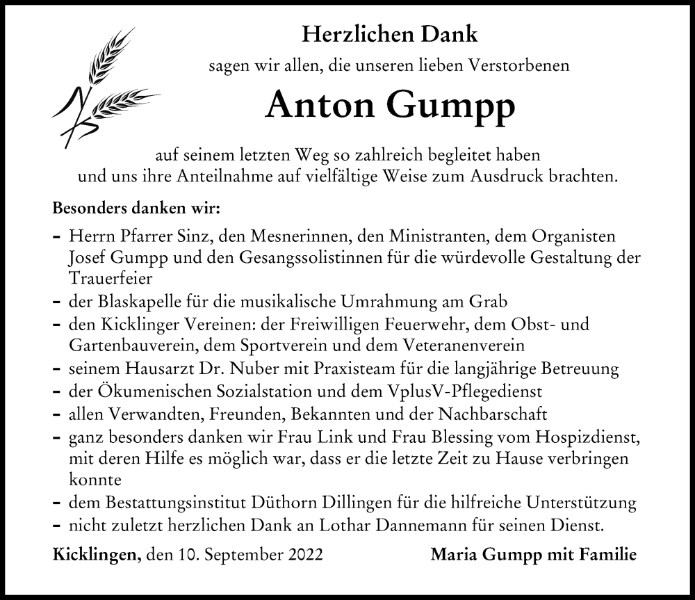 Traueranzeige von Anton Gumpp von Donau Zeitung