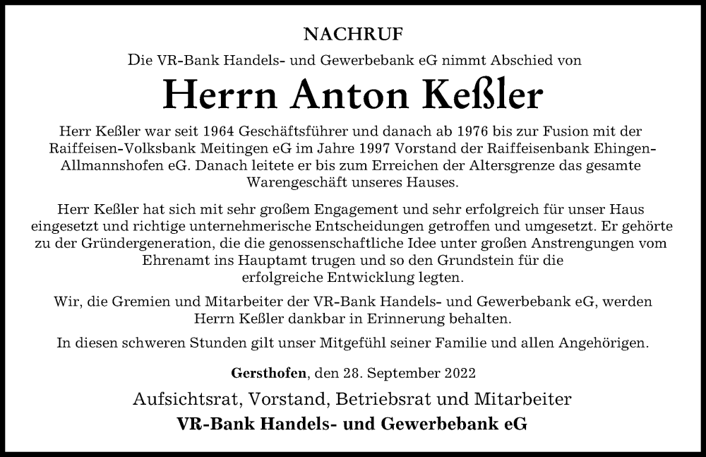  Traueranzeige für Anton Keßler vom 28.09.2022 aus Donauwörther Zeitung, Wertinger Zeitung, Augsburg-Land