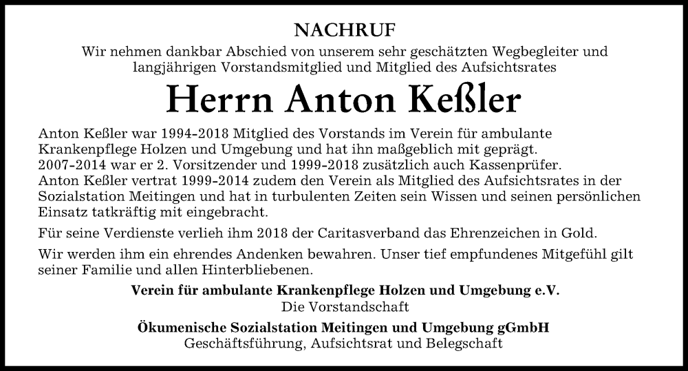  Traueranzeige für Anton Keßler vom 29.09.2022 aus Wertinger Zeitung, Augsburg-Land