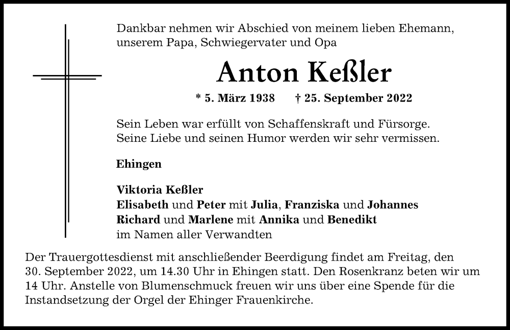 Traueranzeige für Anton Keßler vom 28.09.2022 aus Wertinger Zeitung, Augsburg-Land
