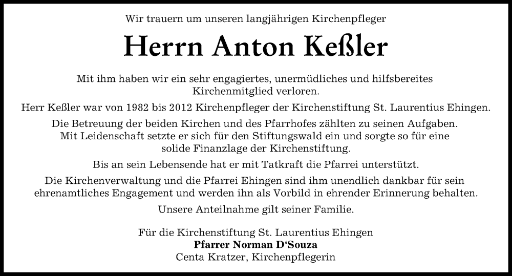  Traueranzeige für Anton Keßler vom 30.09.2022 aus Wertinger Zeitung, Augsburg-Land