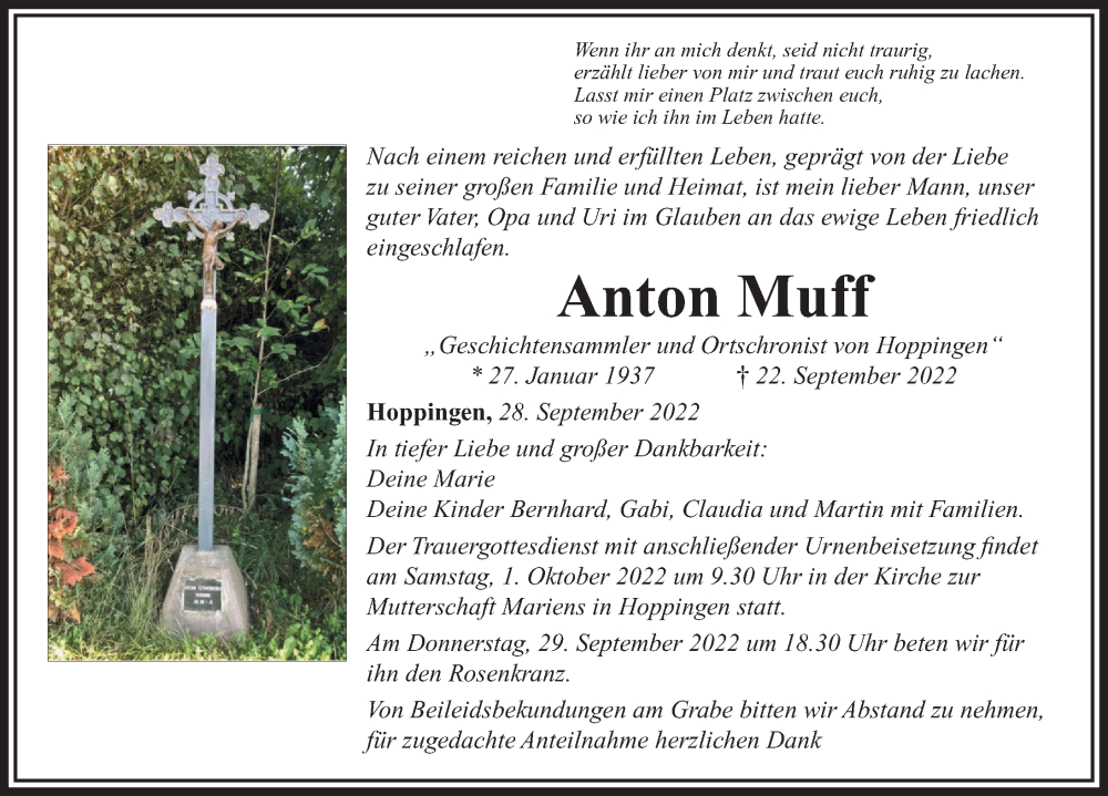  Traueranzeige für Anton Muff vom 28.09.2022 aus Donauwörther Zeitung, Rieser Nachrichten