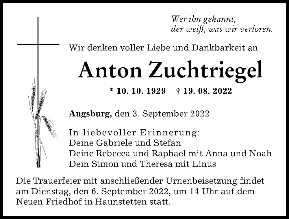 Traueranzeige von Anton Zuchtriegel von Augsburger Allgemeine