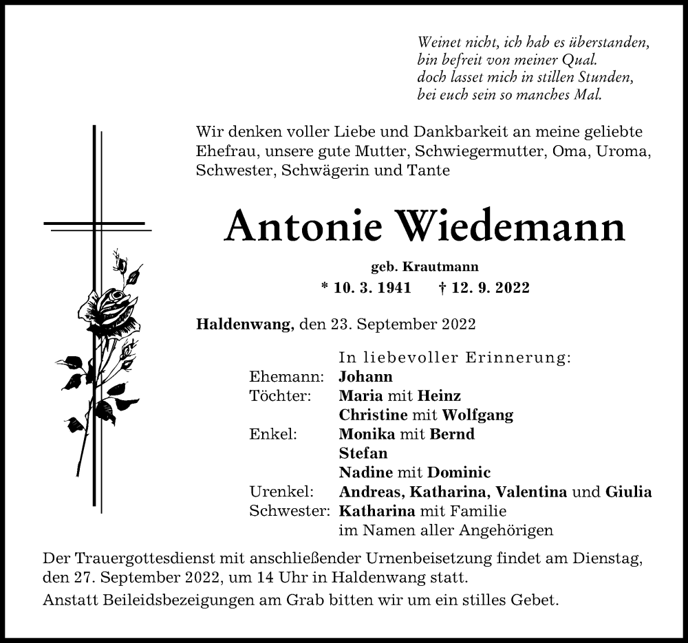  Traueranzeige für Antonie Wiedemann vom 23.09.2022 aus Günzburger Zeitung